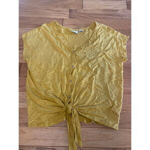 Rachel Zoe women's gold yellow 100% Linen Button-Front Tie-Knot thin Top size